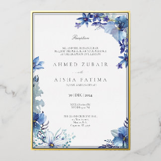 Foil border Reception Invitation with blue floral