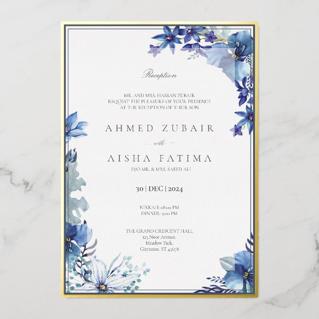 Foil border Reception Invitation with blue floral Foil Invitation (Front)