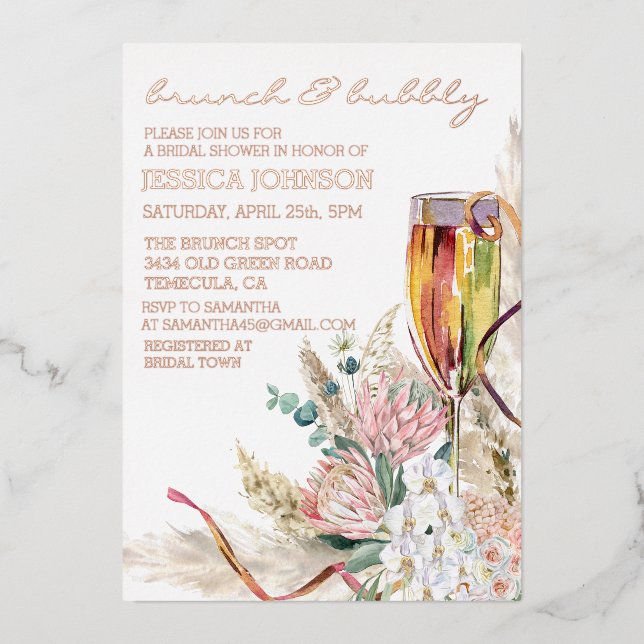Foil Brunch Bubbly Bridal Shower Boho Champagne Foil Invitation (Front)