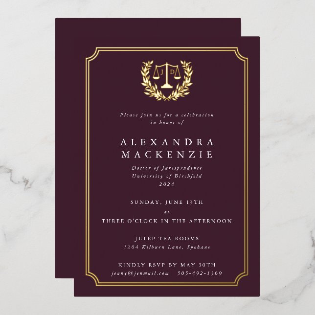 Foil+Burgundy JD Law School Graduation Party Foil Invitation (Front/Back)