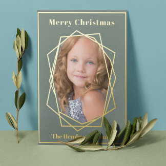 Foil Christmas Photo Red Berry Gold Geometric Holiday Card