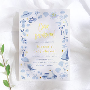 Foil Ciao Bambino Italian Blue Boy Baby Shower Invitation