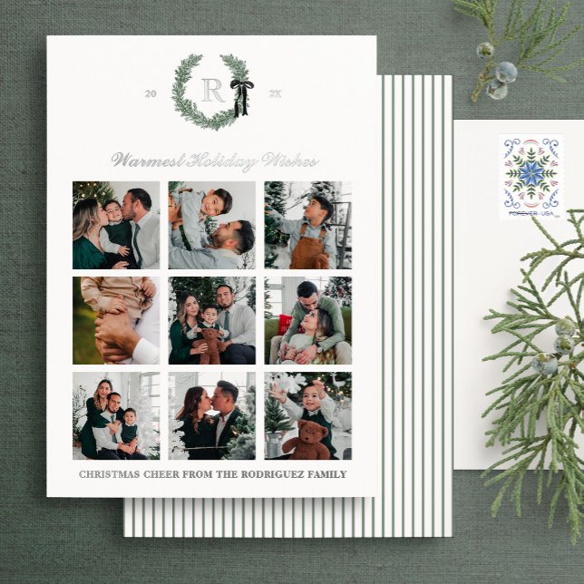 Foil Classic Monogram Wreath Crest Holiday Card (Creator Uploaded)