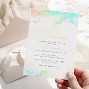 FOIL Colorful Rainbow Clouds Baby Shower Invitation