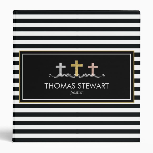 Foil Cross Trio Striped Religious 3 Ring Binder (Front)