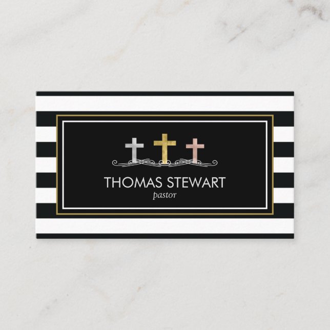 Foil Cross Trio Striped Religious Business Card (Front)