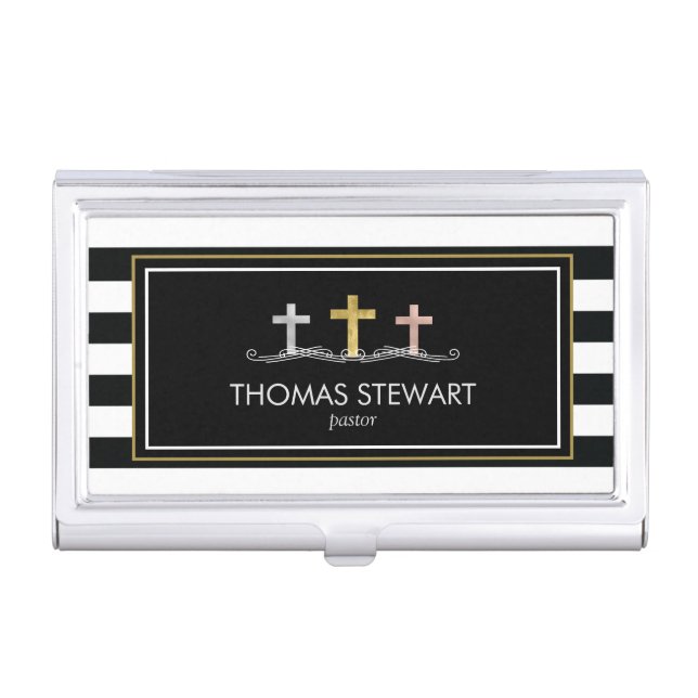 Foil Cross Trio Striped Religious Business Card Case (Front)