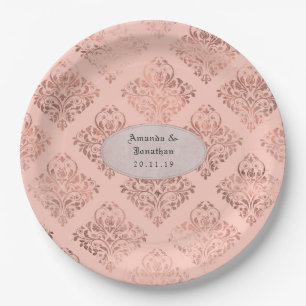 Foil Damask Rose Gold and Blush Wedding Paper Plates
