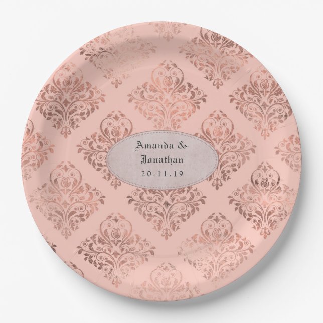 Foil Damask Rose Gold and Blush Wedding Paper Plates (Front)