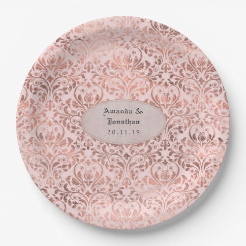 Foil Damask Rose Gold and Blush Wedding Paper Plates