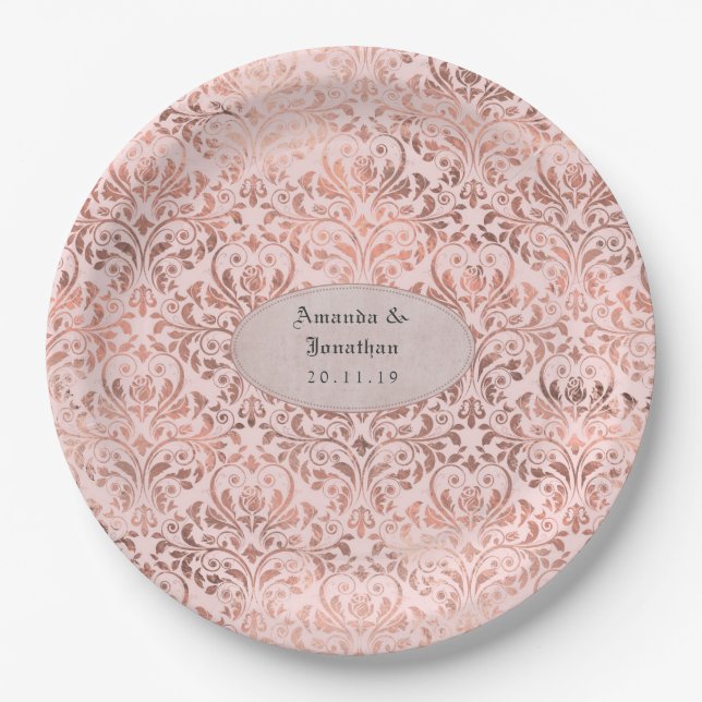 Foil Damask Rose Gold and Blush Wedding Paper Plates (Front)