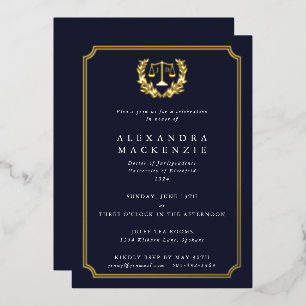 Foil+Dark Navy JD Law School Graduation Party Foil Invitation