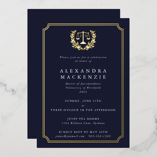 Foil+Dark Navy JD Law School Graduation Party Foil Invitation (Front/Back)