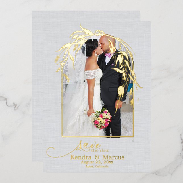 Foil Dusty Blue Eucalyptus Archway YOUR PHOTO Invitation (Front/Back)