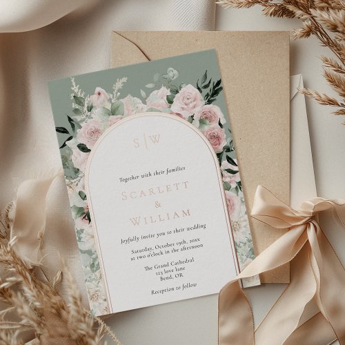 FOIL Dusty Rose Gold Arch Sage Monogram Wedding Foil Invitation