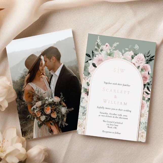 FOIL Dusty Rose Gold Sage Monogram Photo Wedding Invitation (Creator Uploaded)