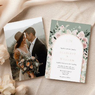 FOIL Dusty Rose Gold Sage Monogram Photo Wedding Invitation