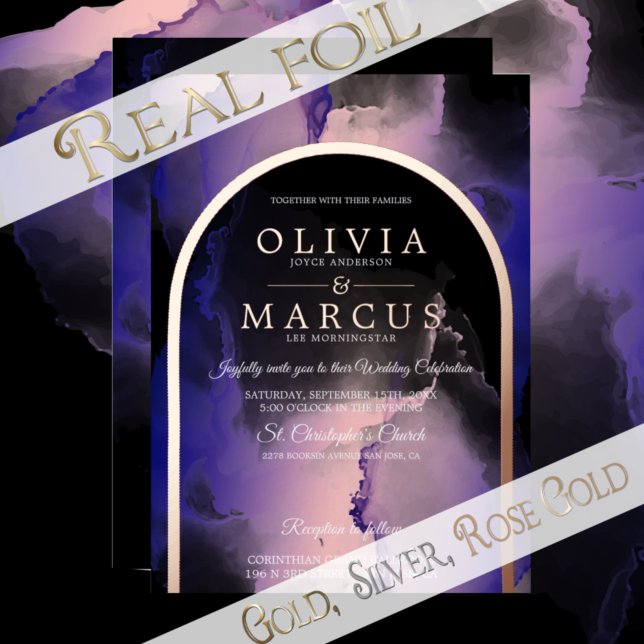 Foil Eggplant Purple Coral Rose Chic Alcohol Ink Foil Invitation (Creator Uploaded)