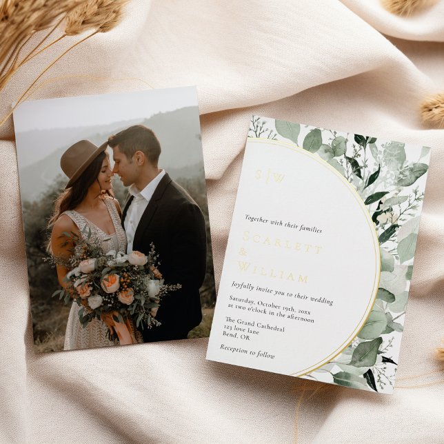 FOIL Eucalyptus Gold Monogram Photo Wedding Foil Invitation (Creator Uploaded)