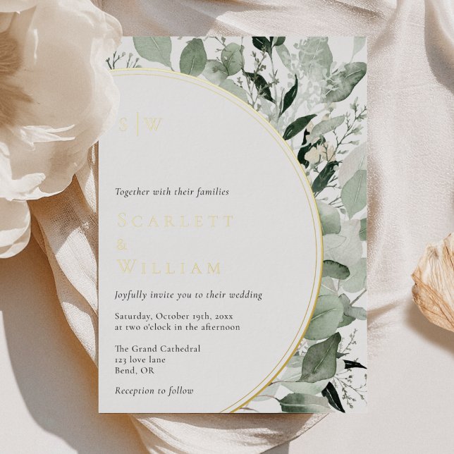 FOIL Eucalyptus Greenery Gold Monogram Wedding Foil Invitation (Creator Uploaded)