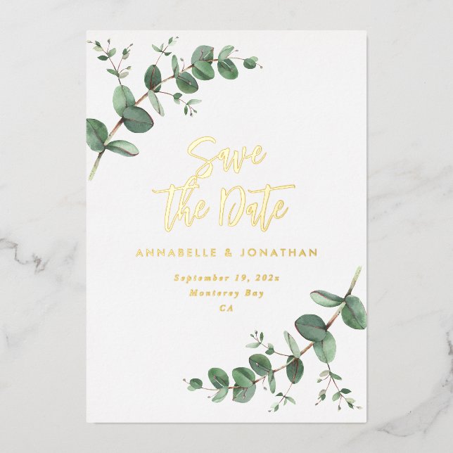 foil Eucalyptus modern wedding save the date Invitation (Front)