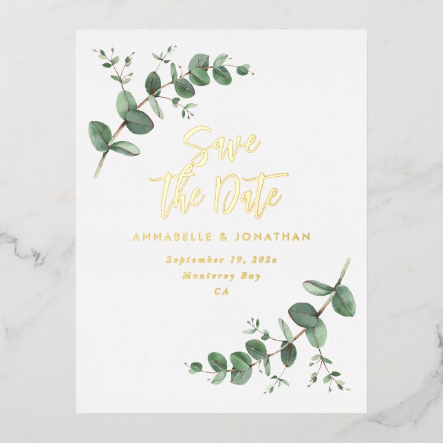 foil Eucalyptus modern wedding save the date  Invitation Postcard (Front)