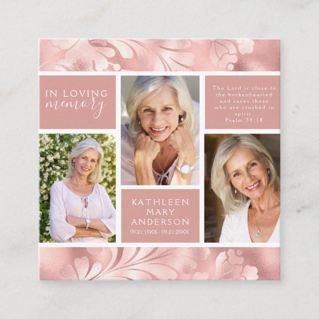 Foil Floral Photo Collage Funeral Memorial Card (Front)