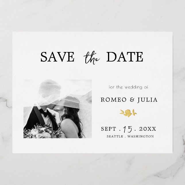 Foil Gilded Romantic Simple Black&White Photo Foil Holiday Postcard (Front)