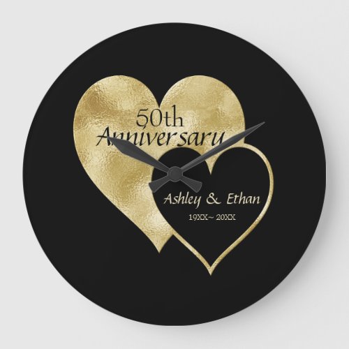 Foil Gold And Black Hearts Large Clock