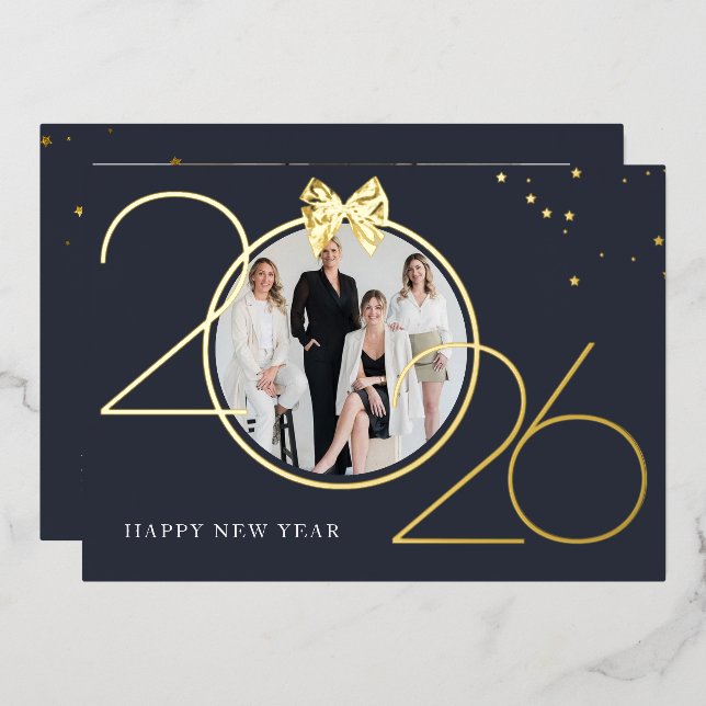 Foil Gold and Navy Photo Happy New Year Greeting  Invitation (Front/Back)