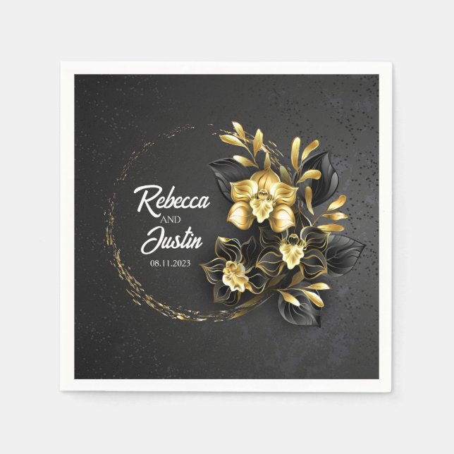 Foil Gold Black Orchids Modern Boho Napkins (Front)