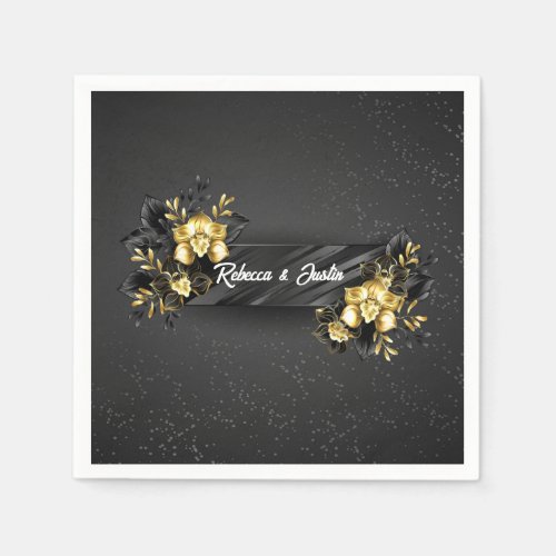 Foil Gold Black Orchids Modern Boho Napkins