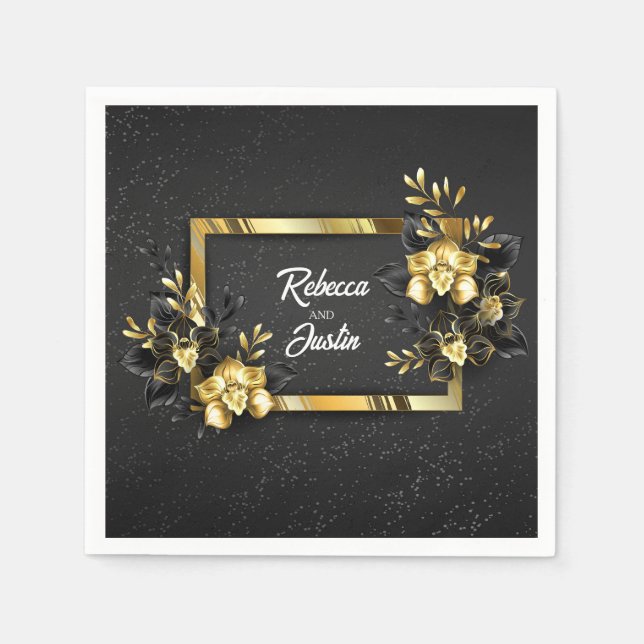 Foil Gold Black Orchids Modern Boho Napkins (Front)