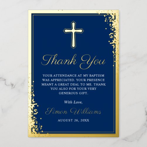 Foil Gold Glitter Navy Blue Baptism Thank You Card