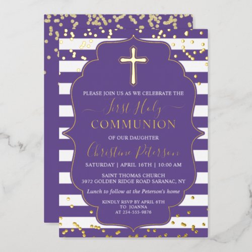 Foil Gold Lavender Purple Stripes First Communion Foil Invitation