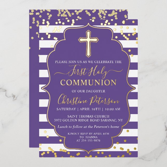 Foil Gold Lavender Purple Stripes First Communion Foil Invitation (Front/Back)