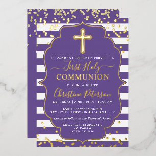 Foil Gold Lavender Purple Stripes First Communion Invitation