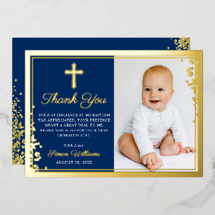 Foil Gold Navy Blue Baptism Photo Thank You Card