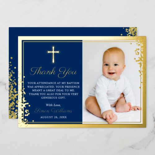 Foil Gold Navy Blue Baptism Photo Thank You Card