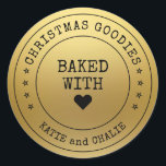 Foil Gold Print Christmas Goodies Classic Round Sticker<br><div class="desc">A modern sticker with heart and curve typography overlaying foil gold print.</div>