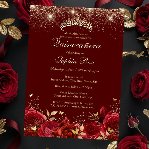 Foil Gold Red Floral Butterfly Tiara Quinceanera Foil Invitation