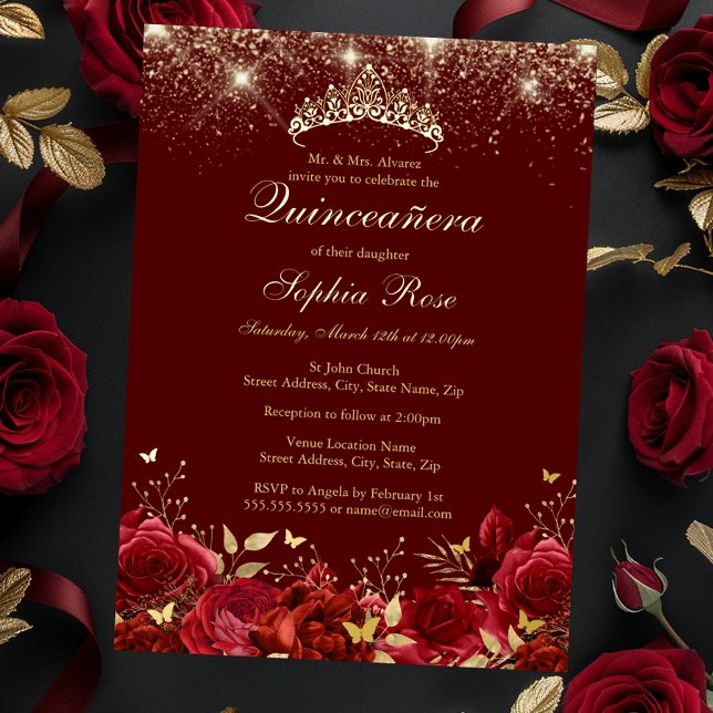 Foil Gold Red Floral Butterfly Tiara Quinceanera Foil Invitation (Creator Uploaded)