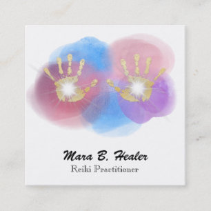*~* Foil Gold Reiki Healing Hands Radiating Energy Square Business Card