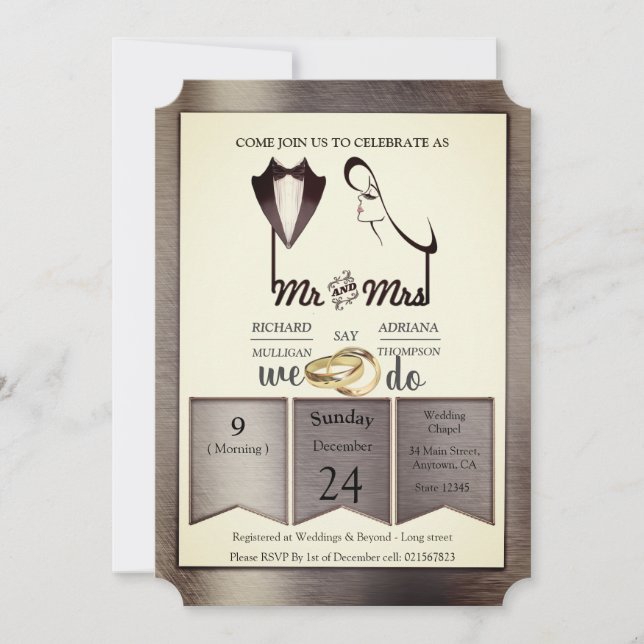 Foil-Gold-Silver-Brass Trendy Wedding Invitation (Front)
