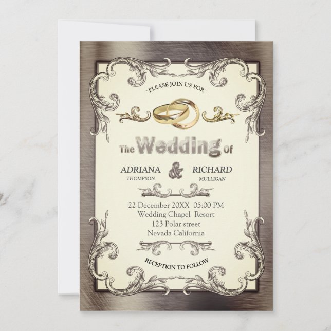 Foil-Gold-Silver-Brass Vintage Wedding Invitation (Front)