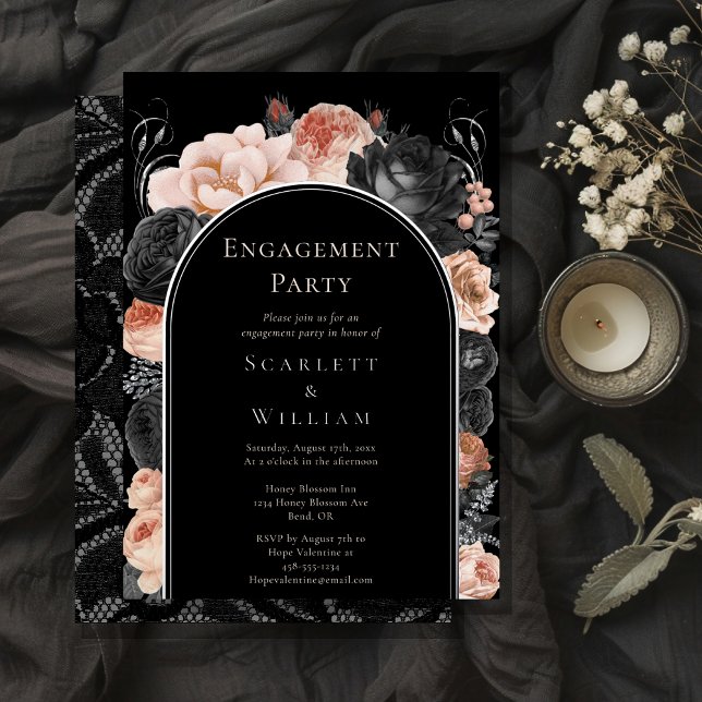 FOIL Gothic Vintage Black Arch Engagement Party Invitation (Creator Uploaded)