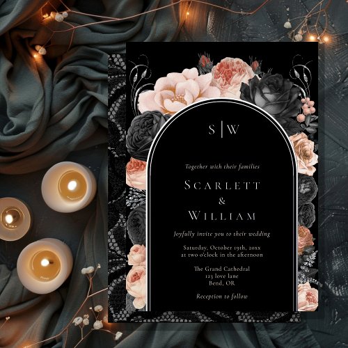FOIL Gothic Vintage Black Arch Monogram Wedding Foil Invitation