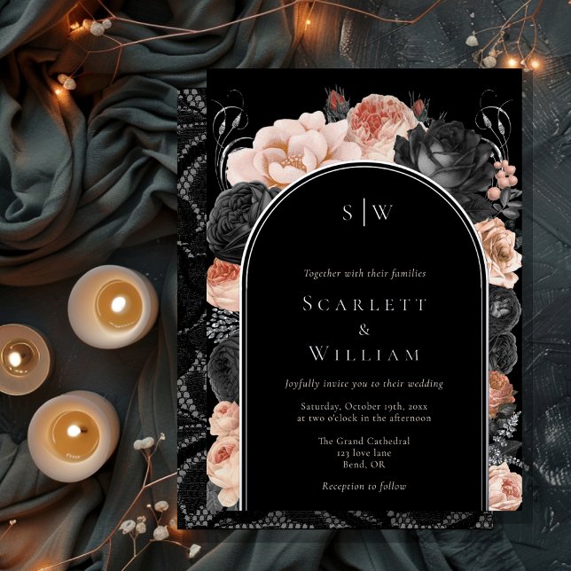 FOIL Gothic Vintage Black Arch Monogram Wedding Invitation (Creator Uploaded)