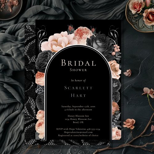 FOIL Gothic Vintage Black Blush Arch Bridal Shower Foil Invitation