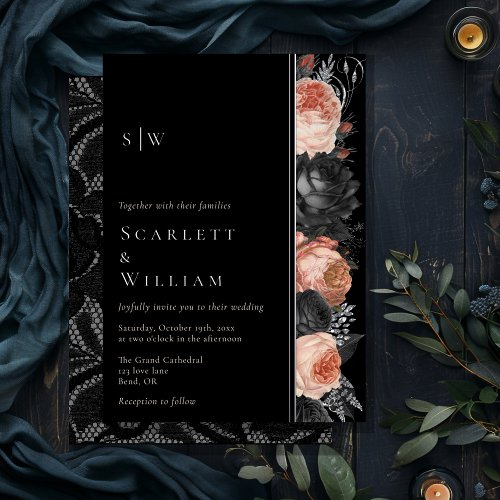 FOIL Gothic Vintage Black Blush Monogram Wedding Foil Invitation